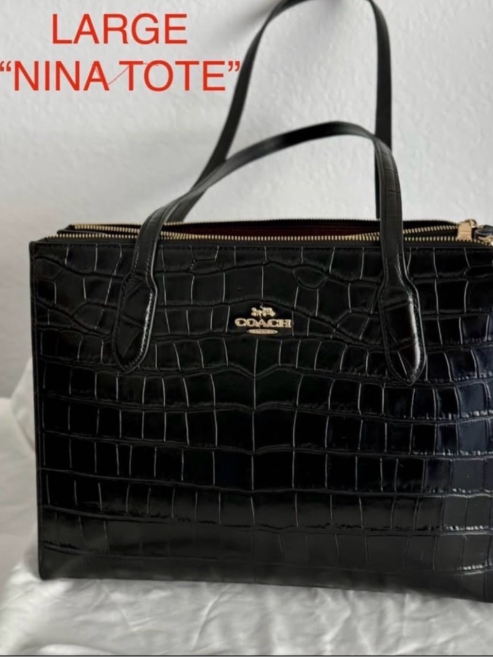 Coach Black Croc-Embossed Large Nina Tote with Gold Hardware